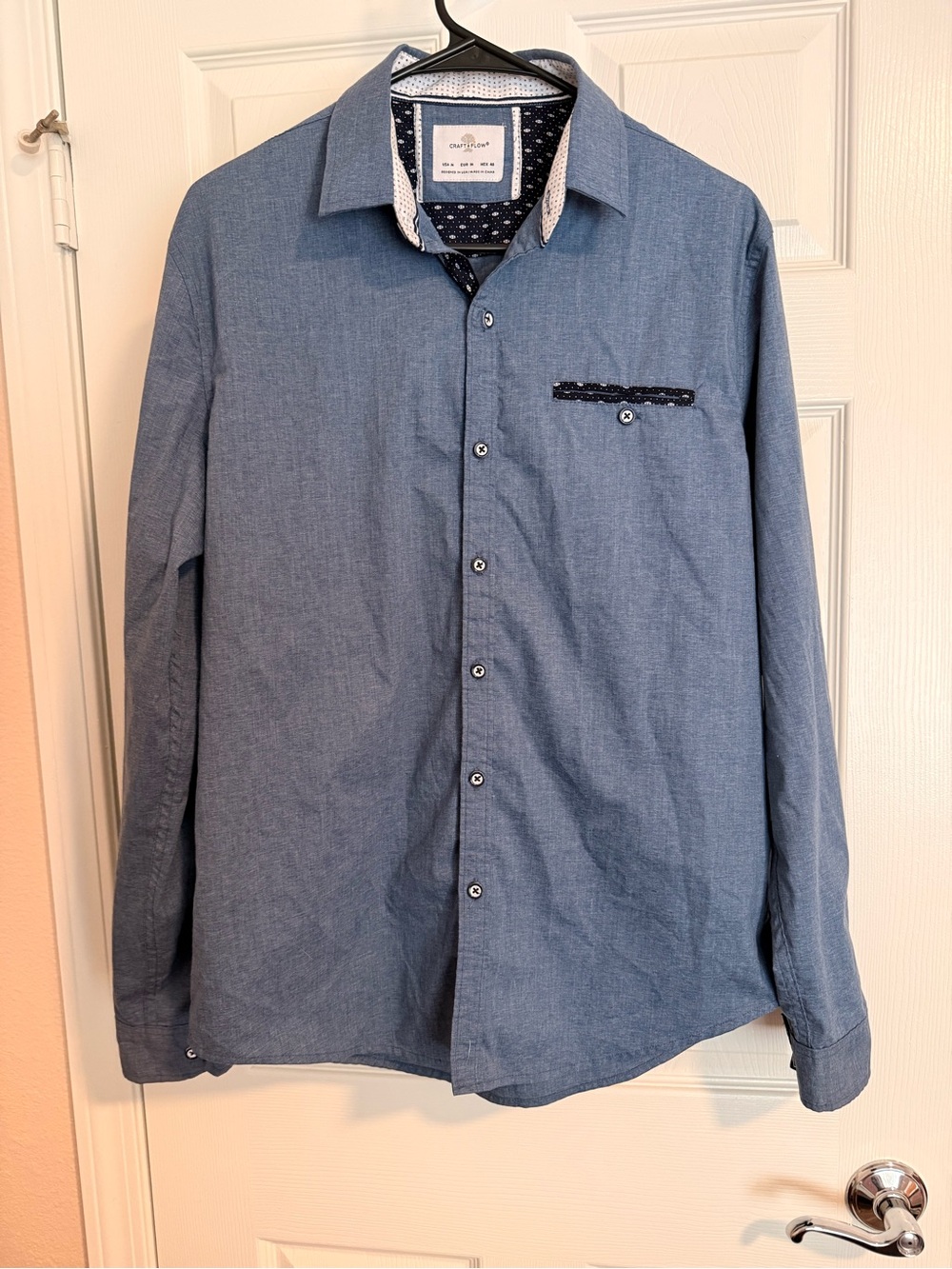 Craft & Flow chambray blue long-sleeve button-down with contrast trim